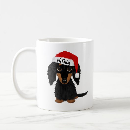 Zwart en Tan Longhaired Dachshund Santa Custom Koffiemok (Links)