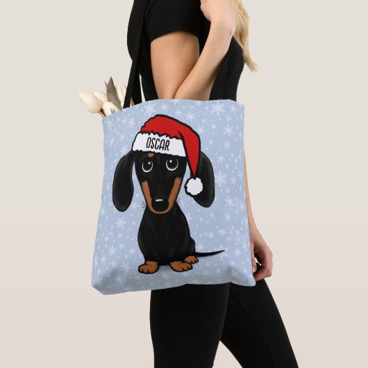 Zwart en Tan Santa Dachshund Schattige Hondenkerst Tote Bag (Dichtbij)