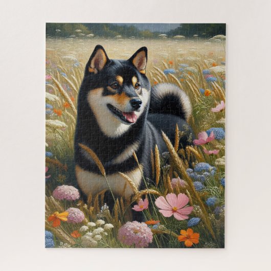 Zwart en Tan Shiba Inu Hond Wildflower Field Legpuzzel (Verticaal)