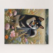 Zwart en Tan Shiba Inu Hond Wildflower Field Legpuzzel (Horizontaal)