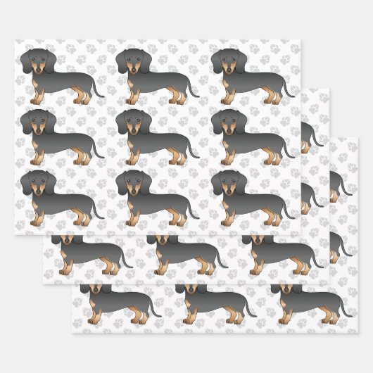 Zwart en Tan Short Hair Dachshund Pattern & Paws Inpakpapier Vel (Set)