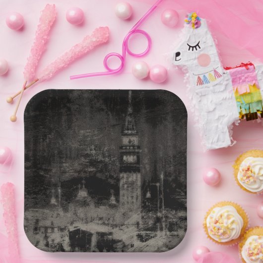 Zwart en Taupe Noodlijdende Skyline Venetië Italië Papieren Bordje (Feest)