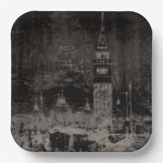Zwart en Taupe Noodlijdende Skyline Venetië Italië Papieren Bordje (Voorkant)