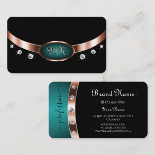 Zwart en Teal met Sierlijk Rose Goud Monogrammeste Visitekaartje