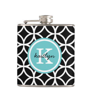 Zwart en turquoise geometrische diamanten monogram heupfles