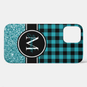 Zwart en turquoise glinsterende Buffalo geruite mo Case-Mate iPhone Case (Achterkant (horizontaal))
