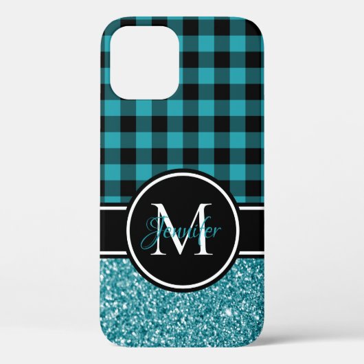 Zwart en turquoise glinsterende Buffalo geruite mo Case-Mate iPhone Case (Achterkant)