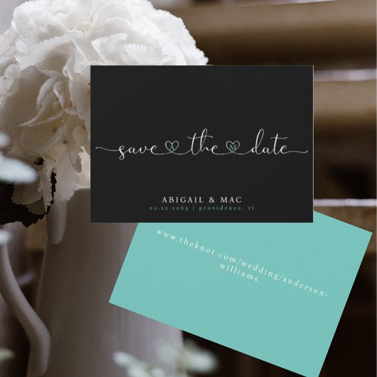 Zwart en Turquoise Heart Font Bewaar de datum Save The Date