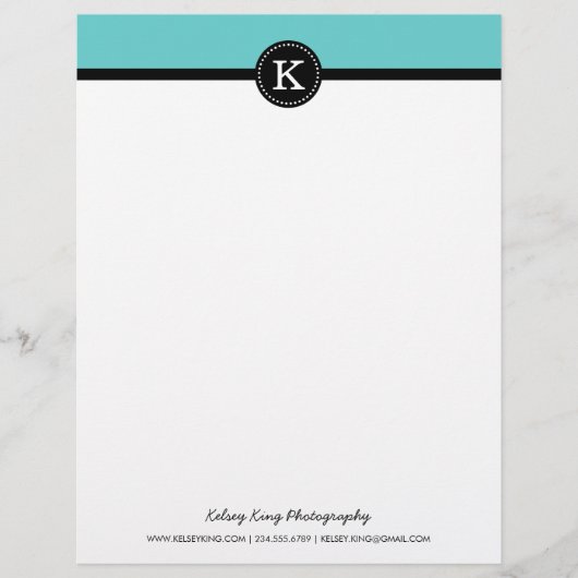 Zwart en Turquoise Modern Custom Monogram Custom Briefhoofd (Voorkant)