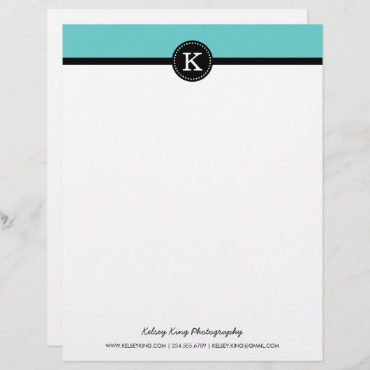 Zwart en Turquoise Modern Custom Monogram Custom Briefhoofd (Voorkant / Achterkant)