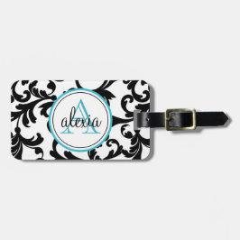 Zwart en Turquoise Monogrammed Damask Print Bagagelabel