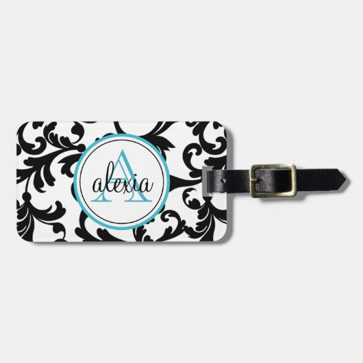 Zwart en Turquoise Monogrammed Damask Print Bagagelabel (Voorkant horizontaal)