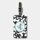 Zwart en Turquoise Monogrammed Damask Print Bagagelabel (Voorkant verticaal)