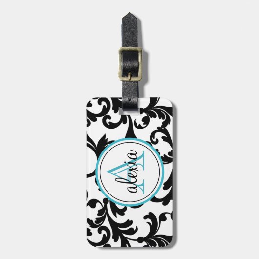 Zwart en Turquoise Monogrammed Damask Print Bagagelabel (Voorkant verticaal)