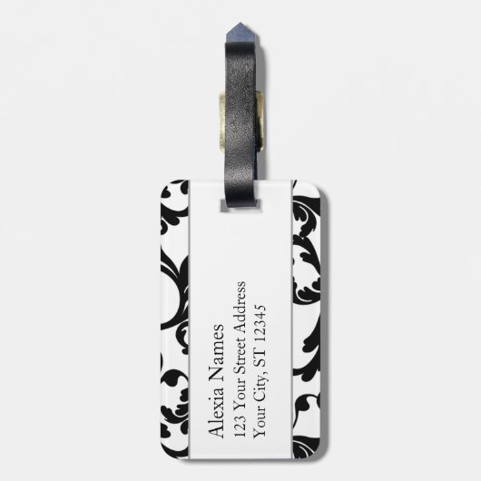 Zwart en Turquoise Monogrammed Damask Print Bagagelabel (Achterkant verticaal)