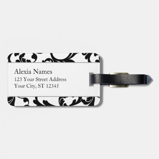 Zwart en Turquoise Monogrammed Damask Print Bagagelabel (Achterkant horizontaal)
