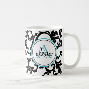 Zwart en Turquoise Monogrammed Damask Print Koffiemok
