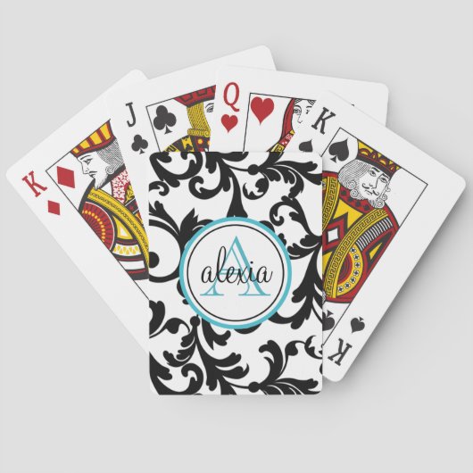 Zwart en Turquoise Monogrammed Damask Print Speelkaarten (Achterkant)