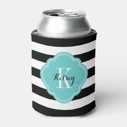 Zwart en Turquoise Preppy Stripes Monogram Blikjeskoeler (Blikje Voorkant)