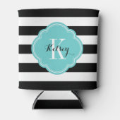 Zwart en Turquoise Preppy Stripes Monogram Blikjeskoeler (Voorkant)