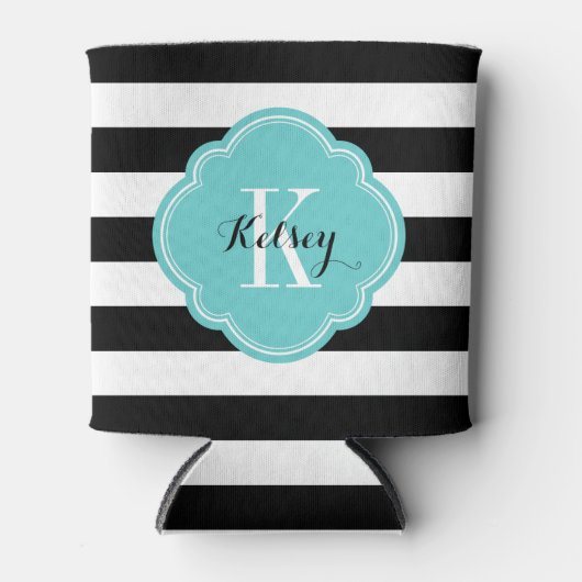 Zwart en Turquoise Preppy Stripes Monogram Blikjeskoeler (Voorkant)