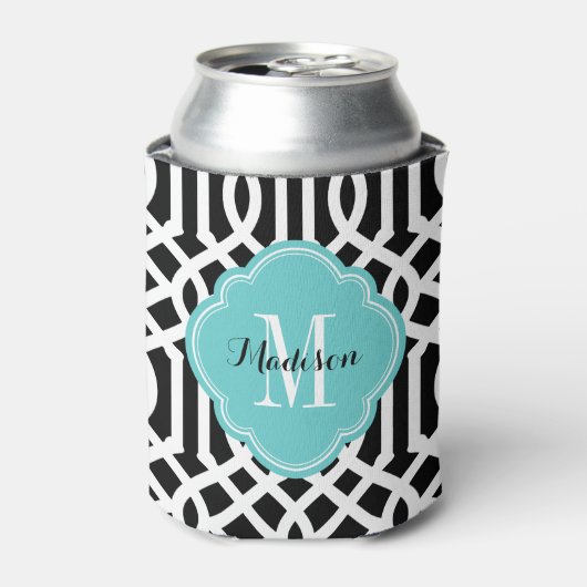 Zwart en Turquoise Trellis Monogram Blikjeskoeler (Blikje Voorkant)