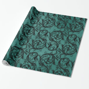 Zwart en turquoise vintage sierpatroon cadeaupapier