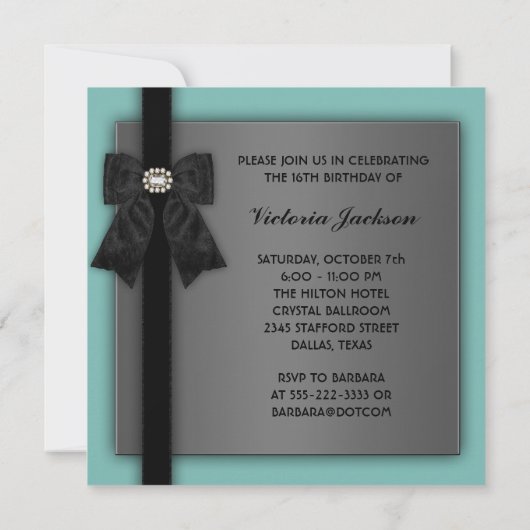 Zwart en turquoise zoete 16 verjaardagsfeestje kaart (Achterkant)