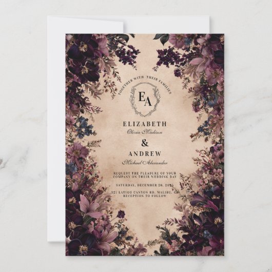  zwart en violet bloemenhuwelijk kaart (Voorkant)