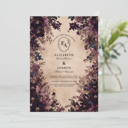  zwart en violet bloemenhuwelijk kaart (Staand voorkant)