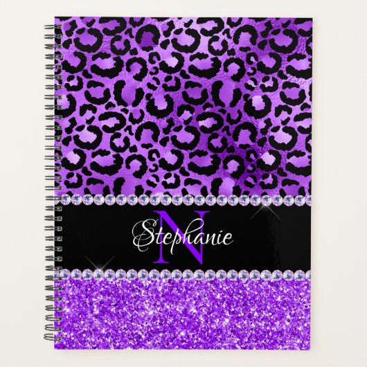 Zwart en Violet Leopard Spot Glam Monogram Planner (Voorkant)