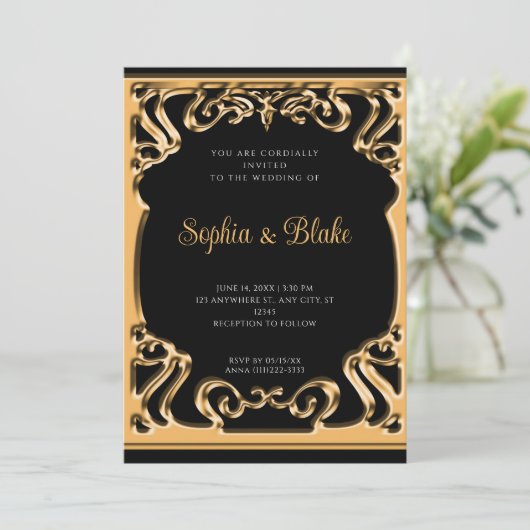  zwart en Vold Elaborate Art Deco Wedding Kaart (Staand voorkant)