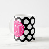 Zwart en warm roze | Big Polka Dots Monogramed Koffiemok (Voorkant links)