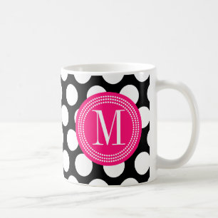 Zwart en warm roze   Big Polka Dots Monogramed Koffiemok