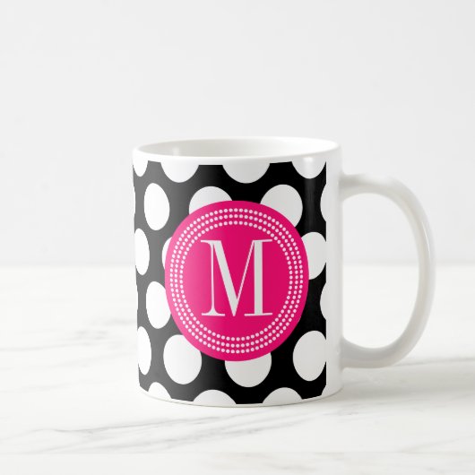 Zwart en warm roze | Big Polka Dots Monogramed Koffiemok (Rechts)