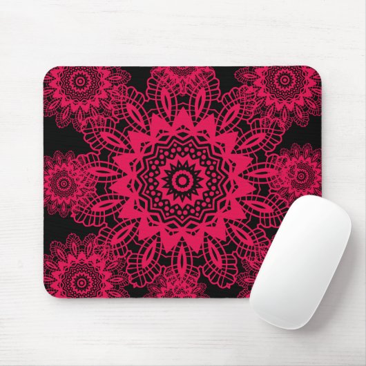 Zwart en warm roze Fuchsia Lace Snowflake Design Muismat (Met muis)