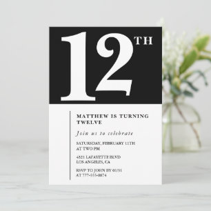 Zwart en Wit 12de verjaardagsuitnodiging Chic Kaart