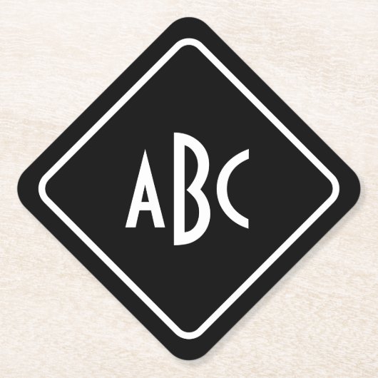 Zwart en wit 3-letterig monogram diagonaal kartonnen onderzetters (Voorkant)