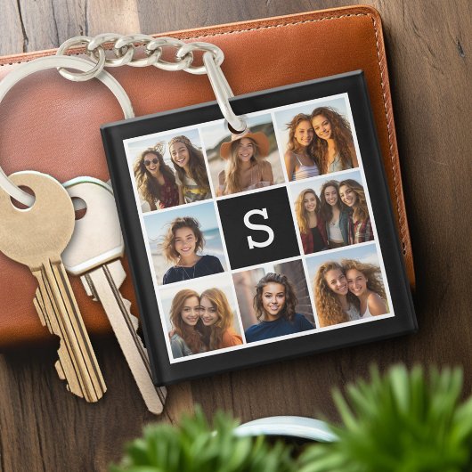 Zwart en Wit 8 Foto Collage Aangepast Monogram Sleutelhanger