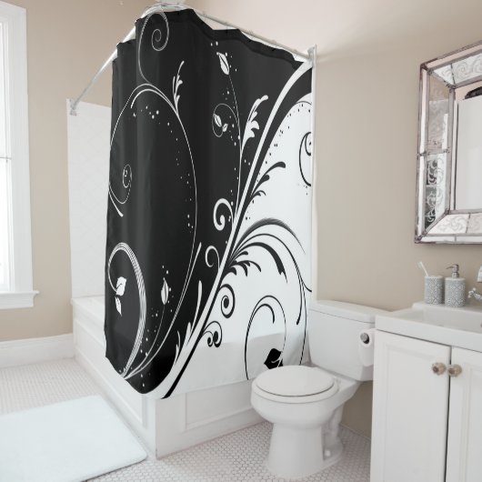 Zwart en wit abstract ontwerp douchegordijn (In situ)