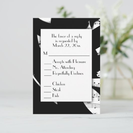 Zwart en wit abstracte muziek RSVP met menu keuze (Staand voorkant)