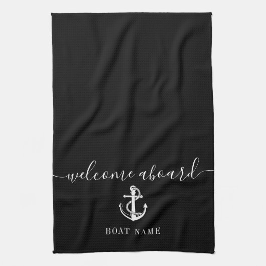 Zwart En Wit Anker Bootsnaam Welkom Aan Boord Theedoek (Verticaal)
