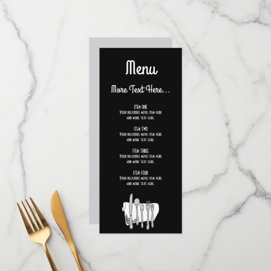 Zwart en wit bestek bewerkbaar ontwerp 10 x 23 cm menu (Voorkant / Achterkant in situ)