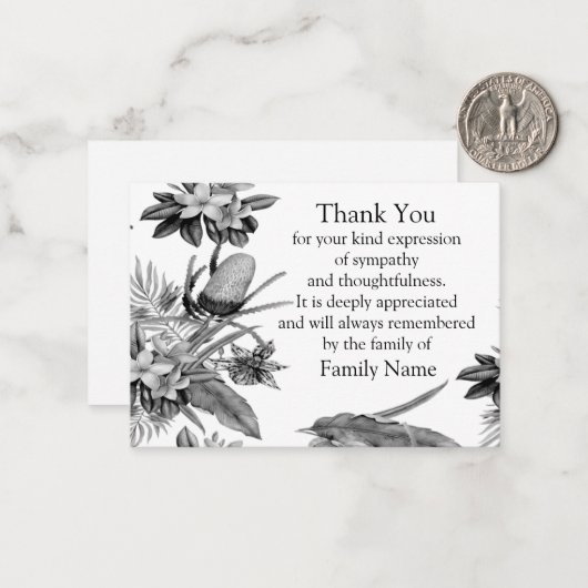 Zwart en wit blad na begrafenis bedankkaarten notitiekaartje (Voorkant / Achterkant in situ)