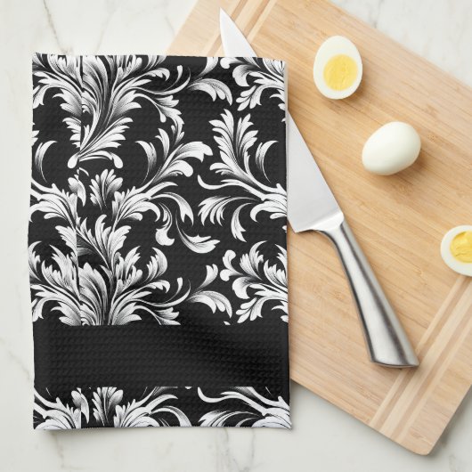 Zwart en wit blad patroon keukenhanddoek (Quarter Fold)