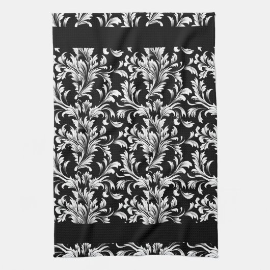 Zwart en wit blad patroon keukenhanddoek (Verticaal)