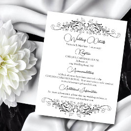 Zwart en Wit Bloeiende Elegantie Trouwdetails Informatiekaartje
