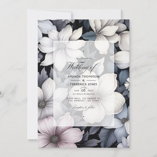 Zwart en wit bloemen bruiloft kaart (Voorkant)