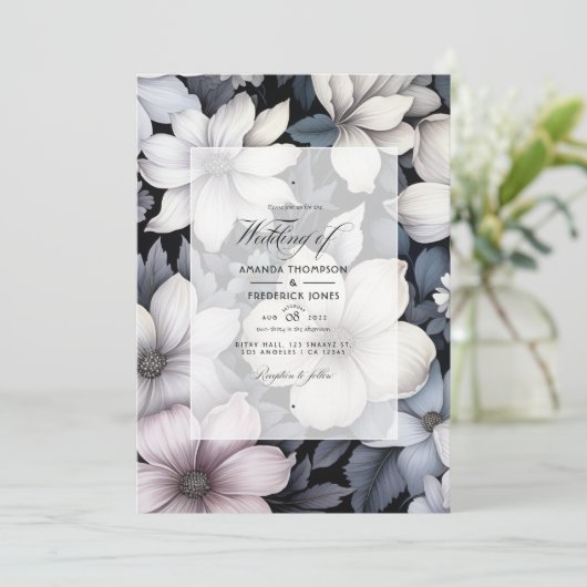 Zwart en wit bloemen bruiloft kaart (Staand voorkant)