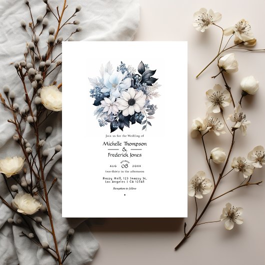 Zwart en wit bloemen bruiloft kaart